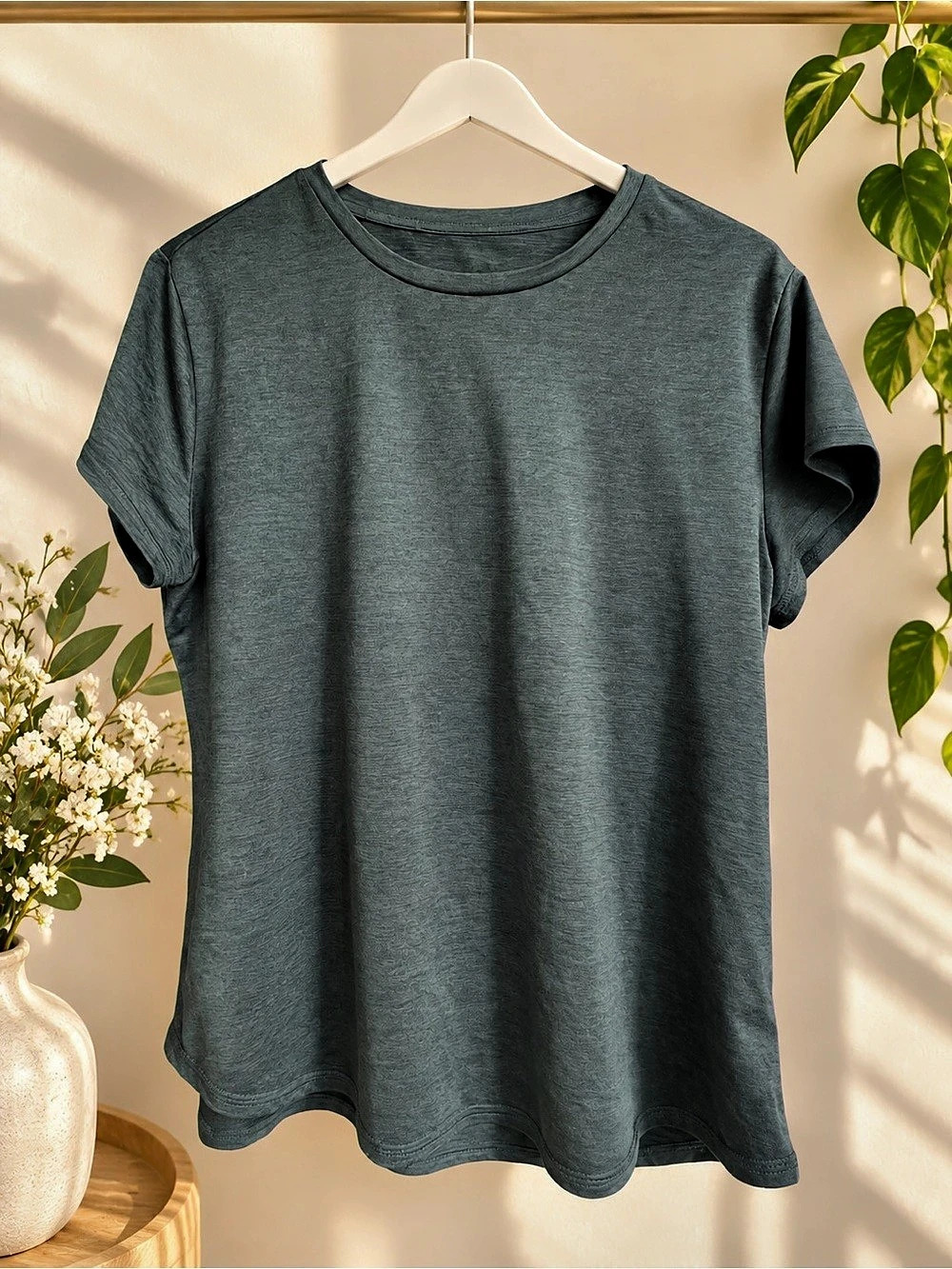 Quince Flowknit Breeze Tee, Heather Green, size M